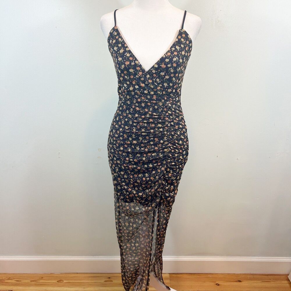 Lovesome Navy Blue Peach Ditsy Floral Mesh Mermaid Dress Size Small Fairy Maxi